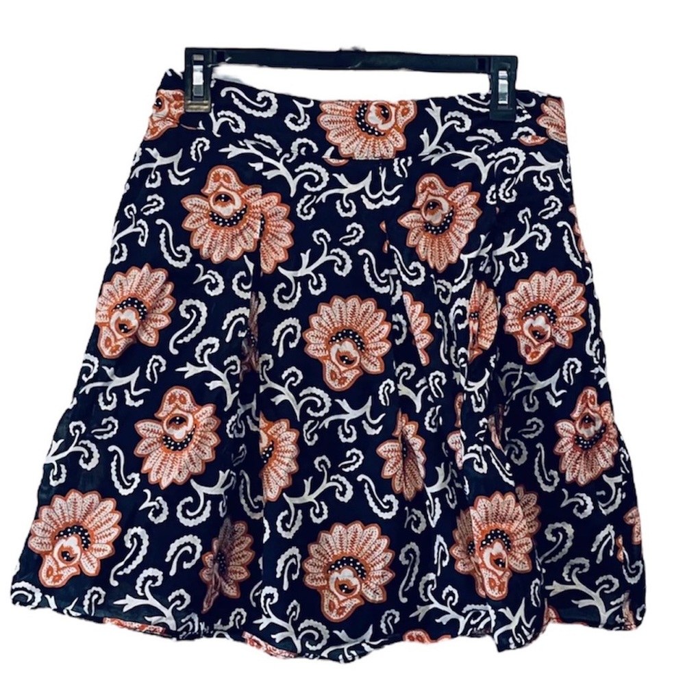 Talbots Women's 8 Petite Navy Orange White Floral Paisley Pockets Pleated Skirt